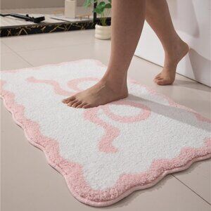 Pink Scalloped Soft Absorbent Bath Mats Machine Washable Microfiber Floor Mats